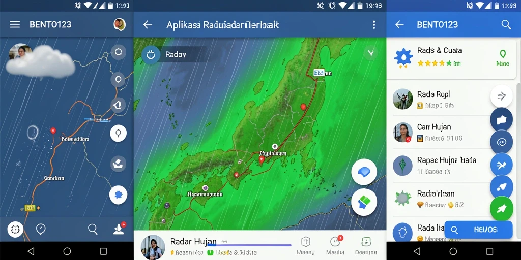 Tampilan antarmuka aplikasi BENTO123 dengan peta radar hujan yang jelas dan informatif.