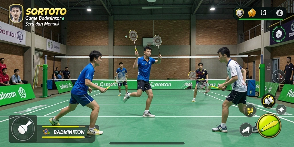 Antarmuka SORTOTO menunjukkan aksi badminton yang seru dan mendebarkan.